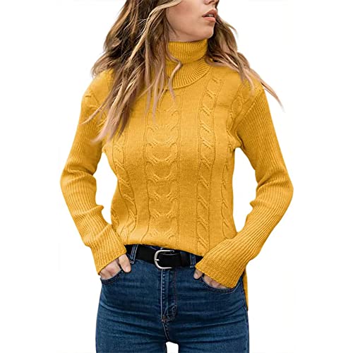 Shevog Rollkragenpullover Pullover für Damen Slim Fit Langarm Strickpullover Top, gelb, 36-38 von Shevog