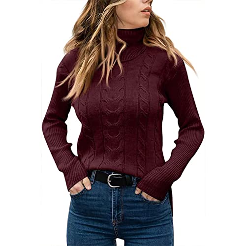 Shevog Rollkragenpullover Pullover für Damen Slim Fit Langarm Strickpullover Top, weinrot, 34-36 von Shevog