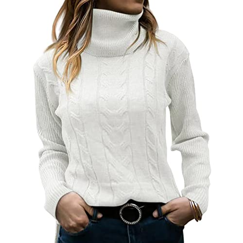 Shevog Rollkragenpullover Pullover für Damen Slim Fit Langarm Strickpullover Top, weiß, 32-34 von Shevog