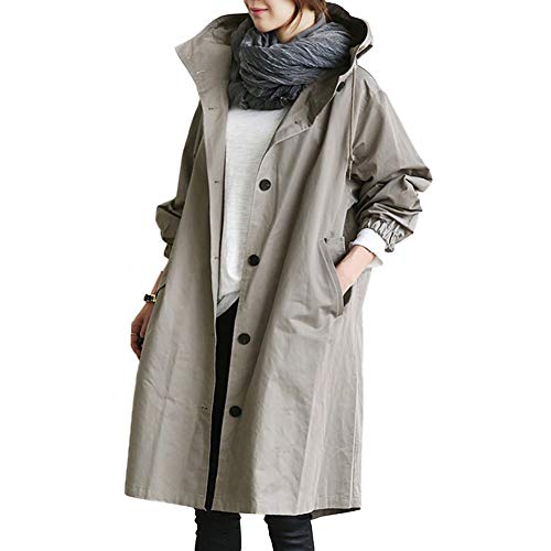 Shevog Trenchcoat für Damen, lässig, mit Kapuze, langärmelig, Knöpfen, Taschen, lange Jacke, grau, 40 von Shevog