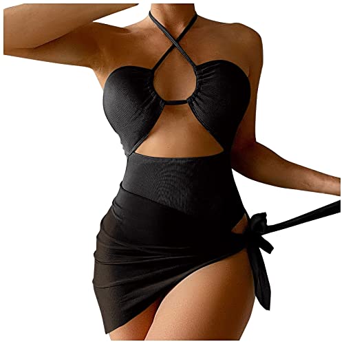 Bikini Bauchweg Damen Bikini Hose High Waist 2023 Frauen-Bikini-Set gedrucktes ärmelloses dreiteiliges Strand-Abnutzungs-heißes reizvolles Badeanzug Madchen 128 Badeanzug Mit Rock (Black, XL) von Shffuw