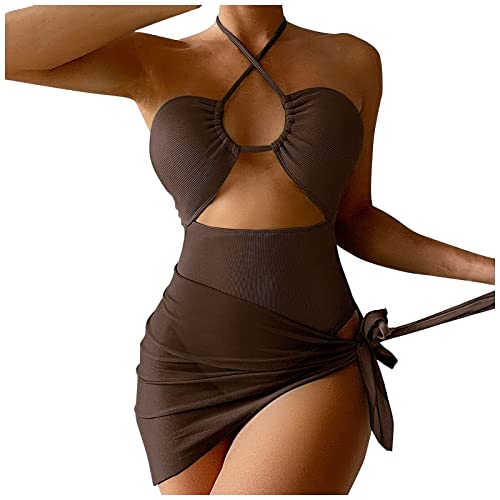Bikini Bauchweg Damen Bikini Hose High Waist 2023 Frauen-Bikini-Set gedrucktes ärmelloses dreiteiliges Strand-Abnutzungs-heißes reizvolles Badeanzug Madchen 128 Badeanzug Mit Rock (Coffee, M) von Shffuw