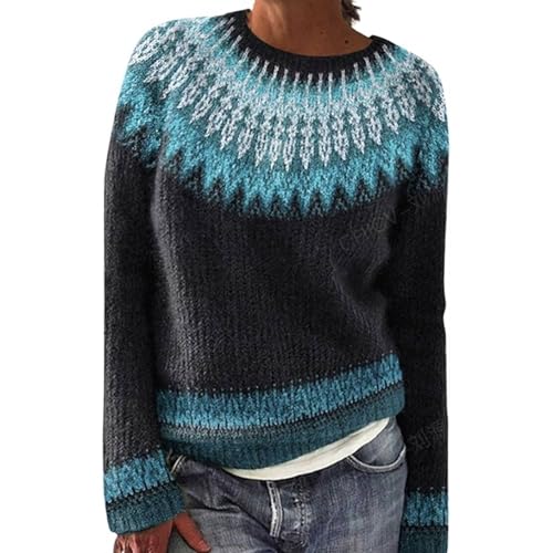 Damen Norwegian Pulloverrippstrick Print Retro Strickpullover Rundhals Langarm Casual Loose Oversize Sweater Fuzz Herbst-Outfits Frauen Knitted Crewneck Gothic Pullover Winter von Shffuw
