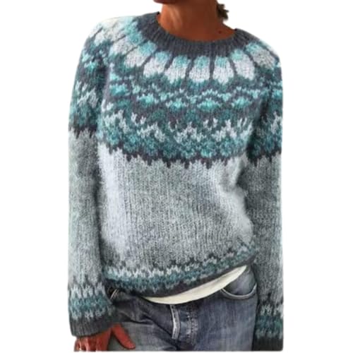 Damen Norwegian Pulloverrippstrick Print Retro Strickpullover Rundhals Langarm Casual Loose Oversize Sweater Fuzz Herbst-Outfits Frauen Knitted Crewneck Gothic Pullover Winter von Shffuw