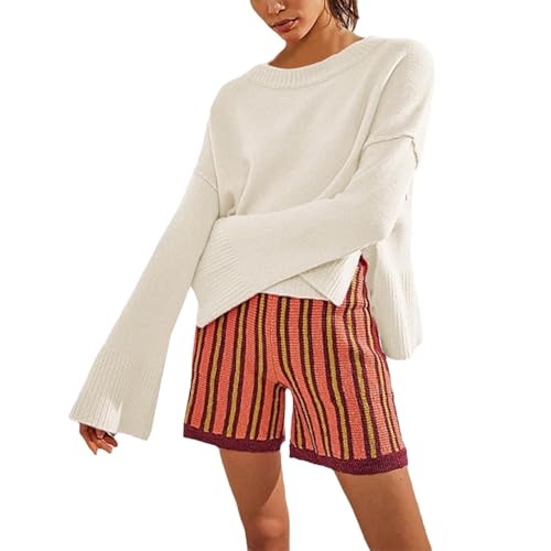 Pullover Damen Batwing Ärmel Rundhals Langarm Herbst Winter Seitlichem Schlitz Oversize Einfarbig Strickpullover Warm Leicht Casual Elegant Fledermausärmel Strick Sweater Bequem Fashion von Shffuw