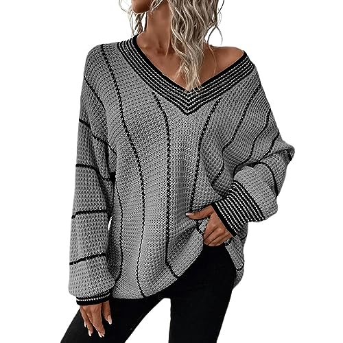 Shffuw Bluse Damen Frauen Herbst Und Winter V-Ausschnitt Gestreiften Muster Stricken Lose Ärmel Casual Lohas Time Pullover Pullover Ausgefallene Pullover Damen (Grey, L) von Shffuw