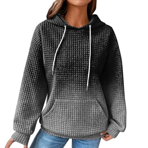 Shffuw Damen Baumwolle Hoodie Causal Langarm Kapuzenpullover Herbst Winter Warm Pullover Vintage Bunte Print Sweatshirt mit Kapuze Pulli Oberteile Mode Waffel Kapuzenpulli mit Taschen Outwear Sale von Shffuw