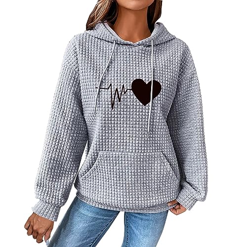 Shffuw Kapuzenpullover Damen Pullover Damen Elegant Hoody Waffel Langarm Rundhals Pullover mit Taschen Kordelzug Liebe Drucken Sweatshirt Oberteil Sport Streetwear Pärchen Pullover Couple Hoodie von Shffuw