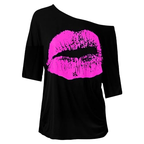 Shffuw Karneval Lippen Drucken One-Shoulder T-Shirt Oversize 80er Pullover Tops Oberteil Übergroße Retro Parteien Shirts Neon Festival Outfit Schrägem Ausschnitt Trägerlos Unregelmäßig Kurzärmelig von Shffuw
