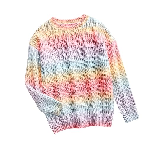 Shffuw Partner Geschenke FüR Ihn Damen-Pullover mit Rundhalsausschnitt und Langen Ärmeln, Regenbogen-Strickpullover, modische, lockere Oberteile Weisser Pullover Damen (Pink, S) von Shffuw