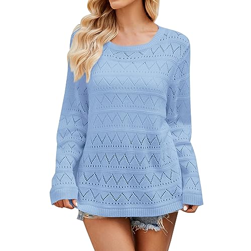 Shffuw Pullover Damen Lang Damen 2023 Herbst Lässiger Häkelpullover Langarmpullover Ausgehöhlter Strickpullover Pullover Weiß (Blue, XL) von Shffuw