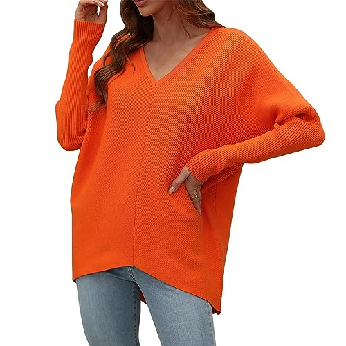 Shffuw Strickpullover Damen Oversize Modischer, einfarbiger, langärmeliger, lockerer Pullover für Damen Damen Pulli (Orange, L) von Shffuw