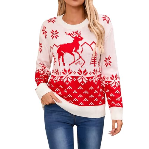 Shffuw Weihnachtspullover Damen,Weihnachtspulli mit kleinem Stehkragen,Rudolf das Rentier Lustiger Christmas Sweater Warm Strickpullover Streifen Schneeflocken Langarm Weich Knit Winter Pullover von Shffuw