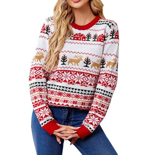 Shffuw Weihnachtspullover Damen,Weihnachtspulli mit kleinem Stehkragen,Rudolf das Rentier Lustiger Christmas Sweater Warm Strickpullover Streifen Schneeflocken Langarm Weich Knit Winter Pullover von Shffuw