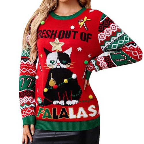 Shffuw Weihnachtspullover Damen,Weihnachtspulli mit kleinem Stehkragen,Rudolf das Rentier Lustiger Christmas Sweater Warm Strickpullover Streifen Schneeflocken Langarm Weich Knit Winter Pullover von Shffuw