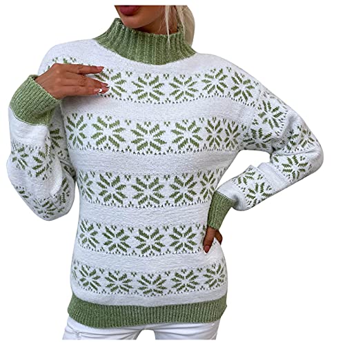 Shffuw Weihnachtspullover Damen,Weihnachtspulli mit kleinem Stehkragen,Rudolf das Rentier Lustiger Christmas Sweater Warm Strickpullover Streifen Schneeflocken Langarm Weich Knit Winter Pullover von Shffuw