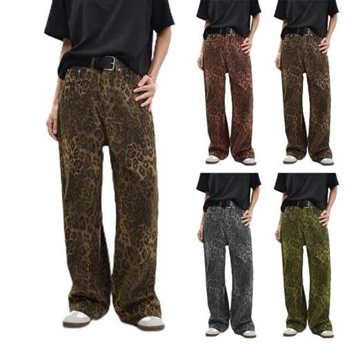 Shffwu Baggy Jeans Damen Leoparden Hose High Waist Boyfriend Jeanshose Y2k Vintage Hose Straight Wide Leg Jeans Stretch Denim Leopard Hosen Weites Bein Jeanshosen Streetwear Freizeithose Mädchen von Shffuw