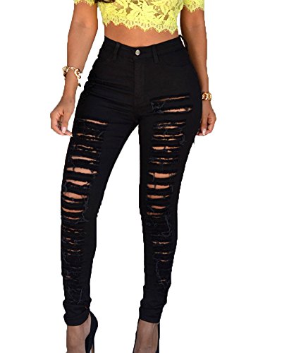 Damen High Waist Jeans Zerrissen Stretch Jeanshose Skinny Hochbund Hose Schwarz M von ShiFan