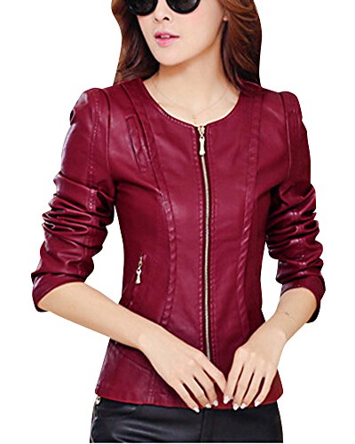 Damen Langarm Slim Jacke Mit Rundkragen PU Leder Motorrad Kurz Jacke Outwear Burgunderrot XS von ShiFan