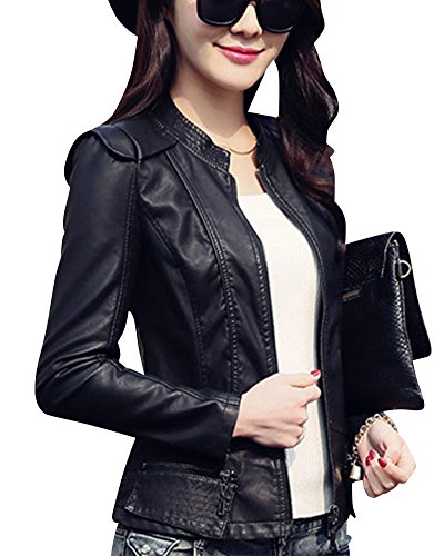 Damen Slim Pu Leder Jacke Biker Motorrad Einfarbig Kurz Mäntel Schwarz M von ShiFan