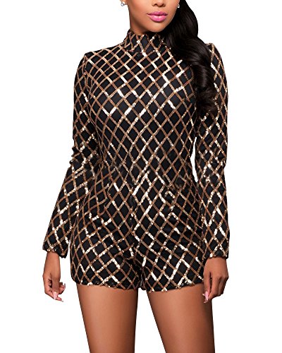 Eleganter Damen Pailletten Jumpsuit Kurz Hosen Rundhals Ausschnitt Langarm Frauen Overall Party Abendmode Schwarz Gold S von ShiFan