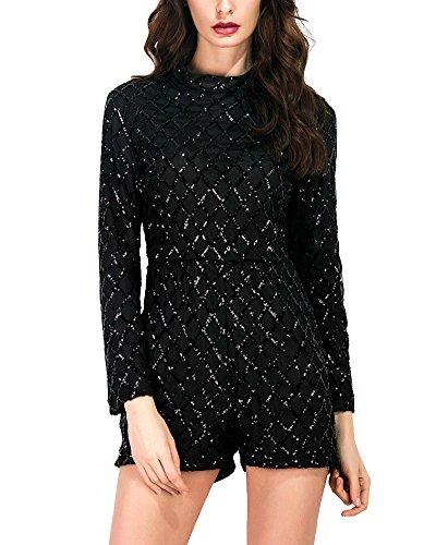 Eleganter Damen Pailletten Jumpsuit Kurz Hosen Rundhals Ausschnitt Langarm Frauen Overall Party Abendmode Schwarz XL von ShiFan