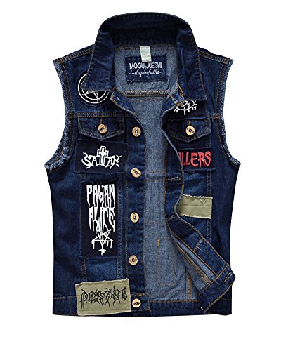 ShiFan Herren Beilaufige Weste Patch Ärmellose Denim Weste Jeansweste Jeansjacke Zerrissen Oberteile Jacket Blau L von ShiFan