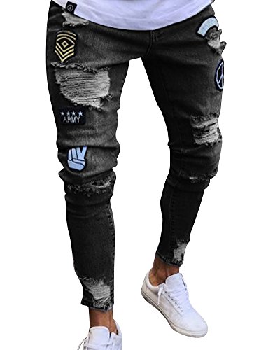 Herren Distressed Stretch Jeans Hose Slim Fit Tapered-Cut Schwarz L von ShiFan