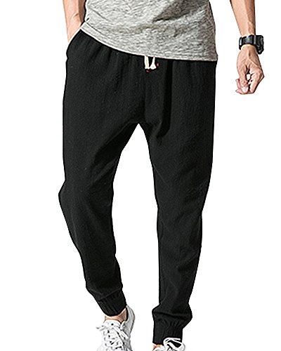 Herren Große Größen Casual Leinen Hose Weite Hosen Mit Gummibund Schwarz 3XL von ShiFan