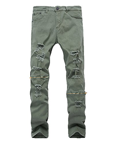 Herren Jeans Hose Denim Slim Fit Destroyed Zerrissen Verwaschen Jeans-Hose Armee-Grün 36 von ShiFan