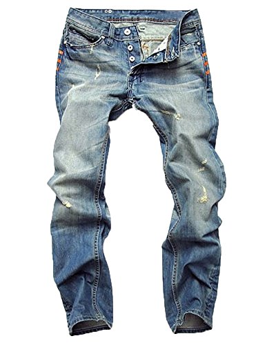 Herren Ripped Straight Cut Jeans Hose Distressed Style Helle Waschung Freizeit-Hose Hellblau 32 von ShiFan