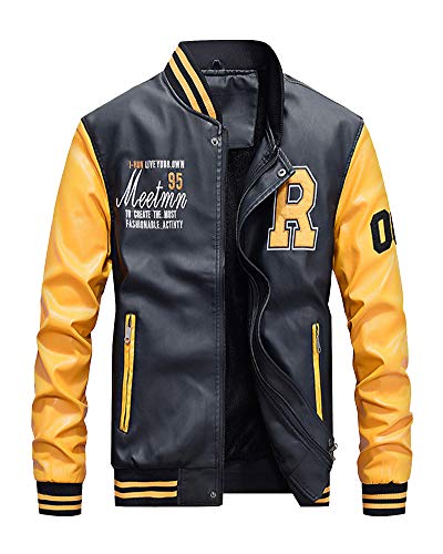 Herren Winterjacke Freizeitjacke Sweatjacke Wärmejacke Baseball Lederimitat Jacke Flieger Style Gelb XL von ShiFan