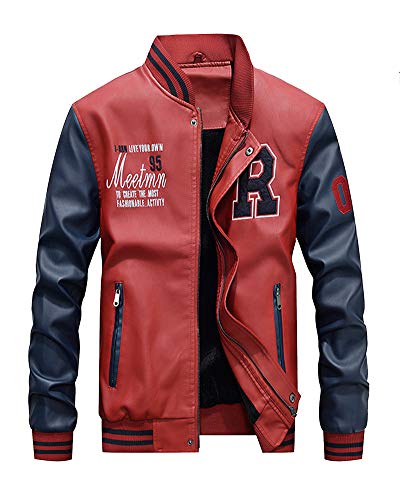 Herren Winterjacke Freizeitjacke Sweatjacke Wärmejacke Baseball Lederimitat Jacke Flieger Style Rot XL von ShiFan