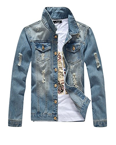 Jeansjacke Herren Denim Mantel Freizeit Slim Fit Lange Ärmel Zerrissene Denim Übergangsjacke Hellblau M von ShiFan