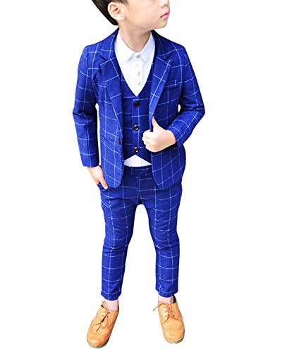 Jungen Anzüge Kinder Schlanke Passform Klassisches Kariertes Anzug-Set Mit Jacke Weste Und Hosen Blau 140 von ShiFan