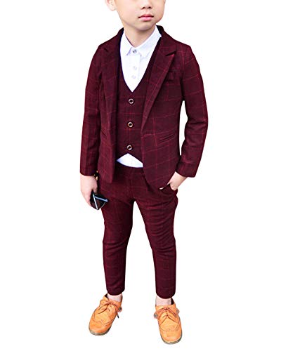 Jungen Anzüge Kinder Schlanke Passform Klassisches Kariertes Anzug-Set Mit Jacke Weste Und Hosen Violett Rot 100 von ShiFan