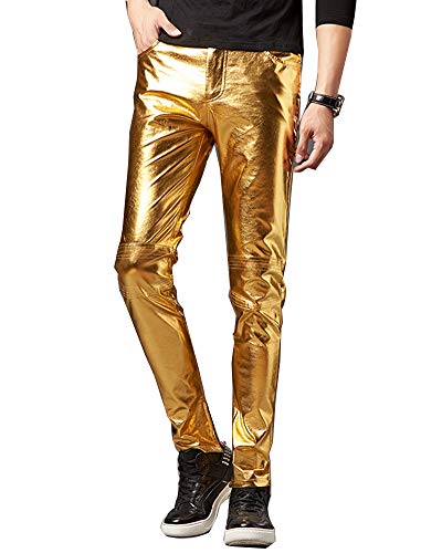 Lederhose Lang Herren Slim Fit Basic Biker Faux Leder Hosen Gold L von ShiFan