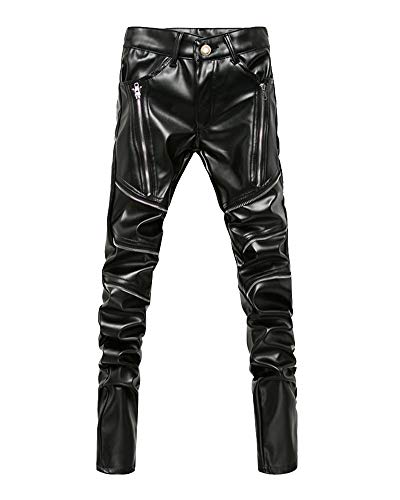 Lederimitathose Herren Rock Pu Leder Hosen Mit Reißverschluss Slim Fit Schwarz 31 von ShiFan