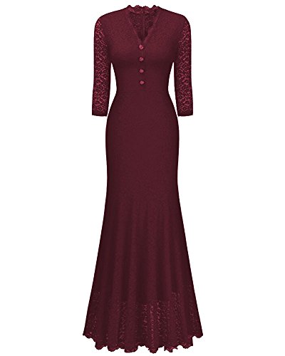 ShiFan Damen Elegant Tiefe V Ausschnitt Kleider Einfarbig Schwingenkleid Lange Party Kleid Burgunderrot XL von ShiFan