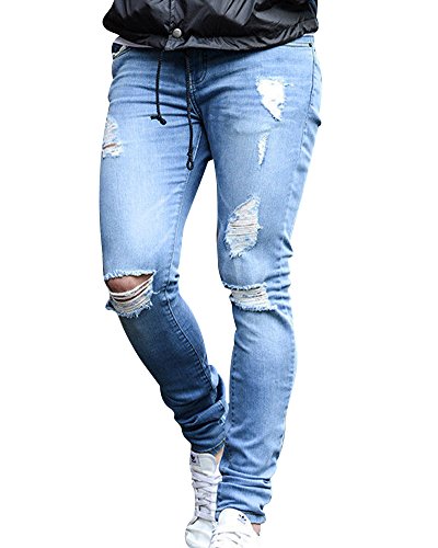 ShiFan Herren Ripped Enge Jeans Hose Stretch Leichte Jeanshose Mit Löchern Hellblau M von ShiFan