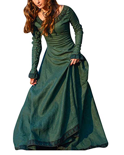 ShiFan Mittelalter Kleidung Damen Langarm Kleid Maxikleid Retro Rundhalskleider Halloween Kostüm Gotisch Kleider Grün 3XL von ShiFan