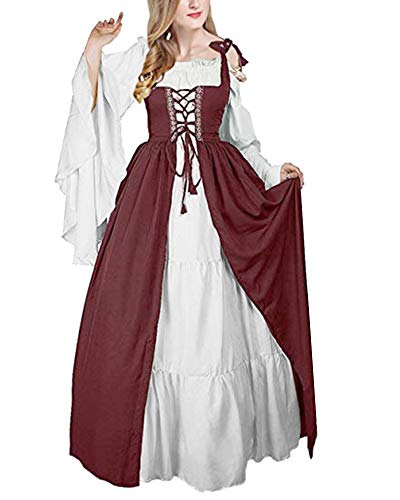 ShiFan Mittelalter-Kostüm Damen Lange Kleider Große Größen Party Kleid Mit Trompetenärmel Burgunderrot 4XL von ShiFan