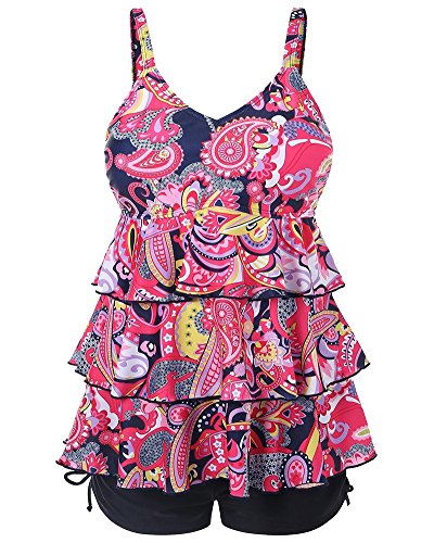 Tankini Damen Badeanzug Mit Röckchen Badekleid Mit Shorts Bademode Große Größen Swimsuit Rot 2XL von ShiFan