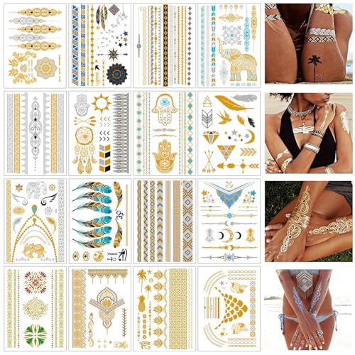 Gold Temporäre Tattoos Aufkleben Damen, Flash Tattoos, Temporäre Klebe-Tattoos 16 Blätter, Festival Tattoos zum Aufkleben, goldener Tattoo-Aufkleber für den Körper von Mädchen von ShiWuYou