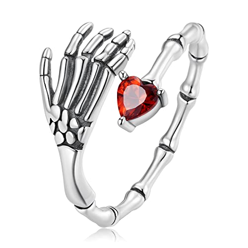 Schädelring für Damen und Herren, 925 Sterling Silber Skelett-Hand, verstellbarer Gothic-Umarmungsring mit rotem Herz, Halloween-Schmuck Schädelring für Damen und Herren, 925 Sterling Silber Skelett-Hand, verstellbarer Gothic-Umarmungsring mit rotem Herz, Halloween-Schmuck von ShiYu