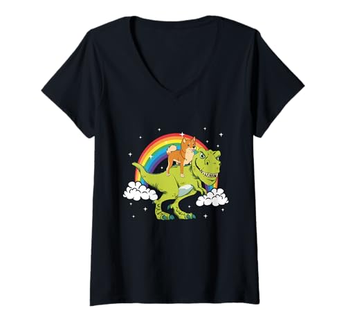Damen Shiba Inu Hund Dinosaurier Tyrannosaurus T-Rex Regenbogen T-Shirt mit V-Ausschnitt von Shiba Dino Action