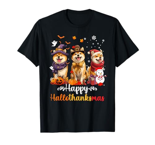 Herren Damen Shiba Hund Weihnachten Halloween Thanksgiving T-Shirt von Shiba Happy Hallothankmas Holiday Dog