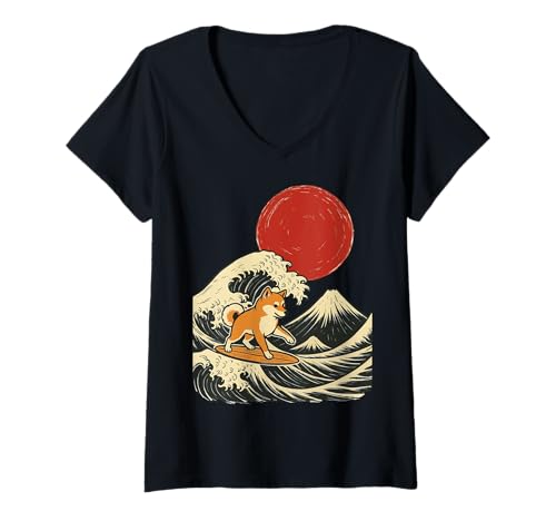Damen Shiba Inu Surfen Japanische Welle T-Shirt mit V-Ausschnitt von Shiba Hund Surfen Japan Surfer Große Welle Anime