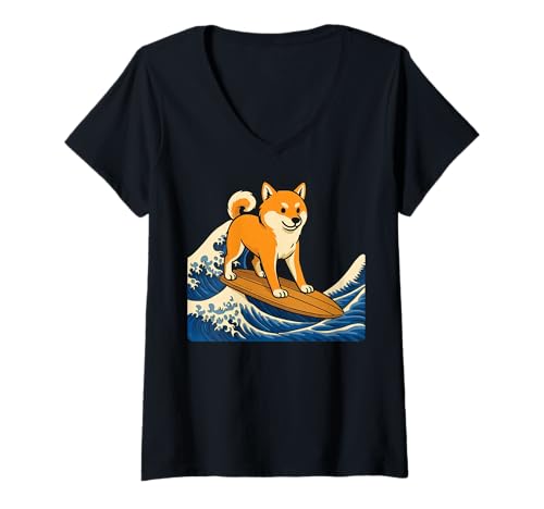 Damen Shiba Inu Surfen Japanische Welle T-Shirt mit V-Ausschnitt von Shiba Hund Surfen Japan Surfer Große Welle Anime