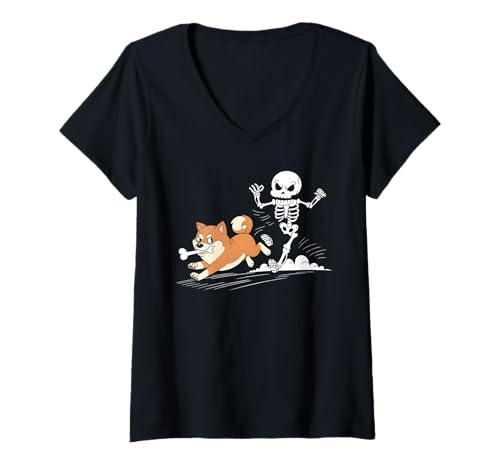 Damen Shiba Inu Skelett T-Shirt mit V-Ausschnitt Damen Shiba Inu Skelett T-Shirt mit V-Ausschnitt von Shiba Inu Design